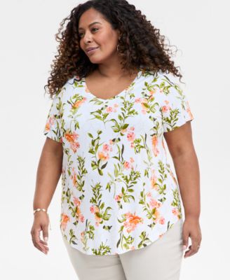 JM Collection - Plus Size Floral-Print Scoop-Neck Top