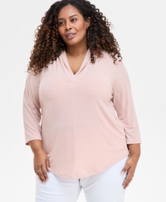 JM Collection - Plus Size Solid V-Neck 3/4-Sleeve Top
