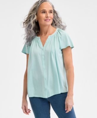 Style & Co - Petite Button-Front Flutter-Sleeve Top