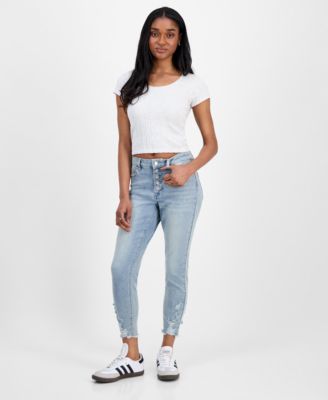 Indigo Rein - Juniors' Mid Rise Button Fly Distressed Cropped Curvy Jeans