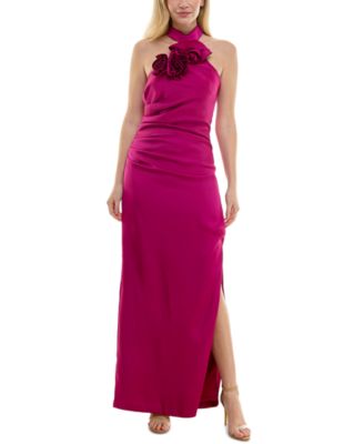 Taylor - Women's Rosette-Trim Halter Ruched Side-Slit Gown