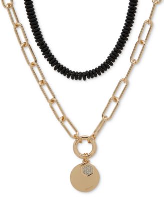 DKNY - Gold-Tone Jet Bead Two-Row Pendant Necklace, 16" + 3" extender