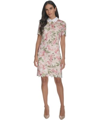 Halston - Women's Collared Floral Lace Shift Dress