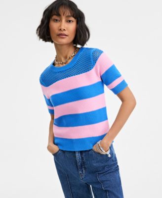 On 34th - Women's Cotton Striped Perforated-Stitch Sweater
