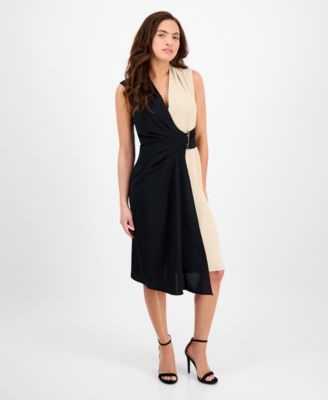 Connected - Petite Colorblocked Faux-Wrap Sleeveless Dress