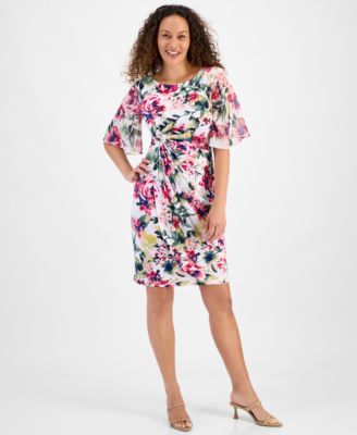 Connected - Petite Printed Ruched-Waist Flutter-Sleeve Dress