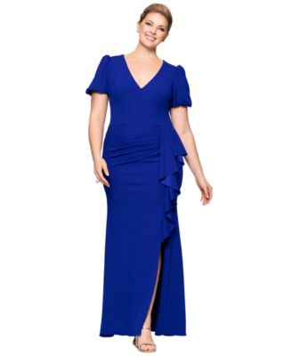 XSCAPE - Plus Size Puff-Sleeve Ruffled Gown