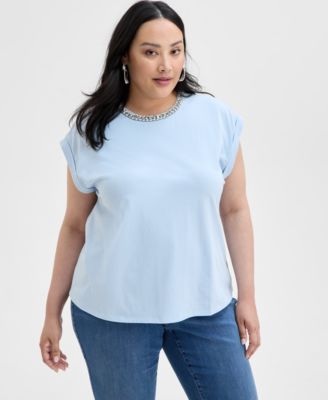 I.N.C. International Concepts - Plus Size Embellished-Neck Cotton T-Shirt