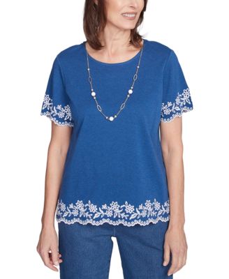 Alfred Dunner - Petite Embroidered Scalloped-Trim Necklace Top