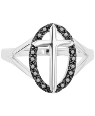 Macy's - Black Spinel Oval Halo Cross Ring (1/3 ct. t.w.) in Sterling Silver