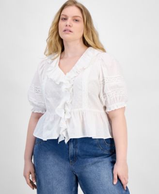 And Now This - Trendy Plus Size Cotton Ruffled Swiss-Dot Blouse