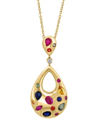 EFFY Collection - Diamond Accent & Multi Sapphire (1-5/8 ct. t.w.) Pendant Necklace in 14k Gold Over Silver, 17" + 1" extender