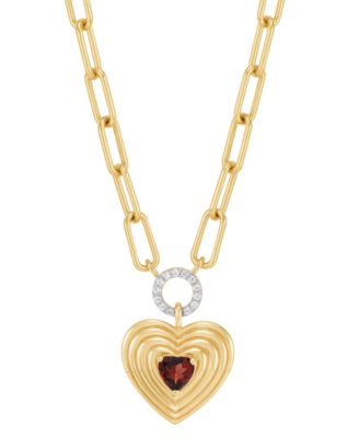 Macy's - Garnet (3/8 ct. t.w.) & White Topaz (1/10 ct. t.w.) Heart & Circle Paperclip Link 18" Pendant Necklace in 14k Gold-Plated Sterling Silver