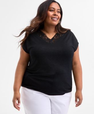 Style & Co - Plus Size Lace-Trim-V-Neck Short-Sleeve T-Shirt