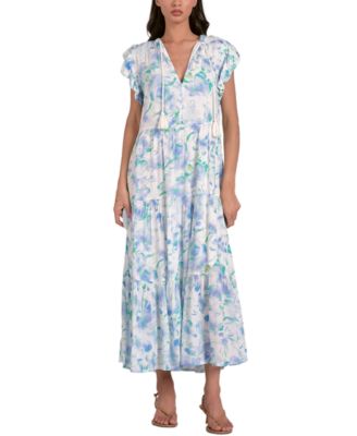 Elan - Women's Printed Ruffle-Sleeve Tassel-Tie Maxi Dress