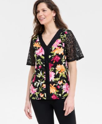 JM Collection - Women's Lisana Floral and Lace V-Neck Top