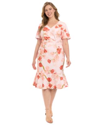 London Times - Plus Size Floral Side-Knot Ruffle-Hem Dress