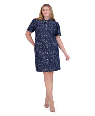 Eliza J - Plus Size Embellished Floral Denim Shirtdress