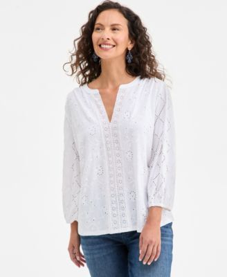 Style & Co - Women's Split-Neck Eyelet-Embroidered Top