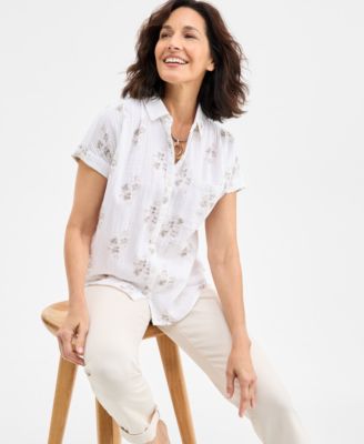 Style & Co - Petite Dinner Floral Printed Button-Front Cotton Camp Shirt