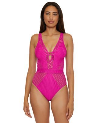 Becca - Women's Fishnet Plunge-Neck One-Piece Swimsuit