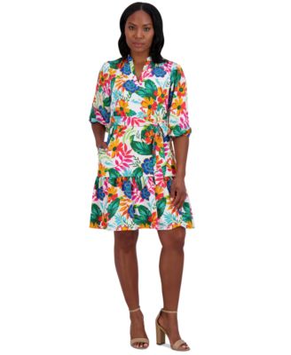 Jessica Howard - Women's Floral Balloon-Sleeve Split-Neck Dress