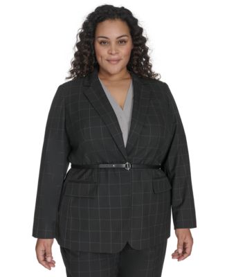 Calvin Klein - Plus Size Windowpane Belted Jacket