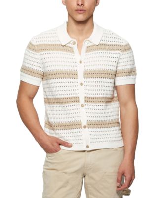GUESS - Men's Joshua Relaxed Fit Short Sleeve Button-Front Striped Sweater