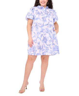 MSK - Plus Size Floral-Print Cotton Puff-Sleeve Shift Dress