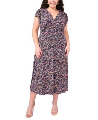 MSK - Plus Size Floral-Print Flutter-Sleeve Midi Dress