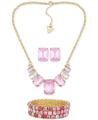 GUESS - Gold-Tone Mixed Stone Statement Necklace, Drop Earrings & 3-Pc. Stretch Bracelet Set