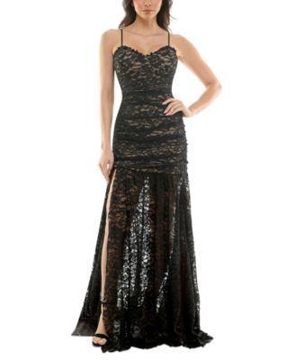 KATIA RAE - Juniors' Sleeveless Glitter Lace Illusion Gown