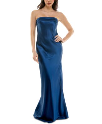 Emerald Sundae - Juniors' Strapless Drape-Back Satin Gown