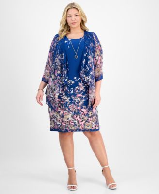 Sandra Darren - Plus Size Placed-Floral 3/4-Sleeve Jacket Dress