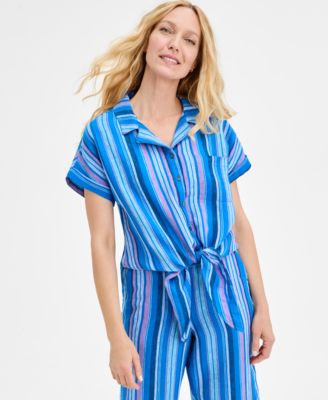 Charter Club - Women's Striped 100% Linen Tie-Front Top