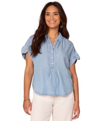 Democracy - Petite Ruched-Sleeve Quarter-Button Collared Top