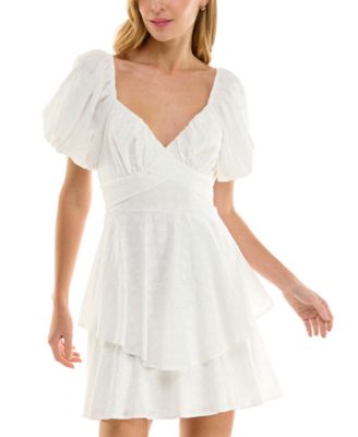 Crystal Doll - Juniors' Embroidered Eyelet Puff-Sleeve Dress