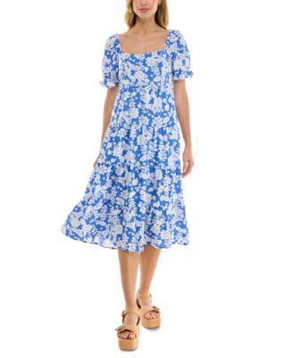 Crystal Doll - Juniors' Floral-Print Bow-Back Puff-Sleeve Woven Dress