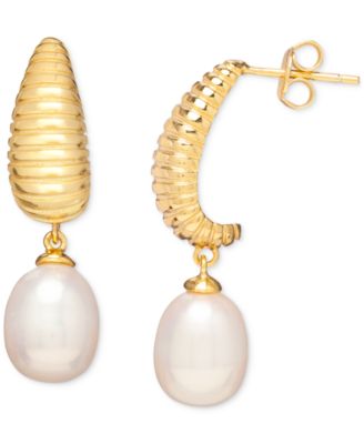 Macy's - Baroque Cultured Freshwater Pearl (8x10mm) Charm Textured J-Hoop Earrings in 18k Gold-Plated Sterling Silver