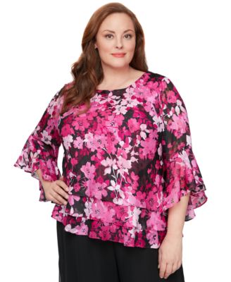 Alex Evenings - Plus Size Printed Scoop-Neck 3/4-Sleeve Top