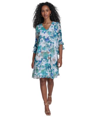 Calvin Klein - Women's Floral 3/4-Flutter-Sleeve Shift Dress