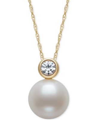 Belle de Mer - Cultured Freshwater Pearl (8mm) & Diamond (1/6 ct. t.w.) Bezel 18" Pendant Necklace in 14k Gold