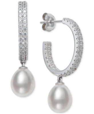 Belle de Mer - Cultured Freshwater Pearl (8-9mm) & Lab Created White Sapphire (1-1/4 ct. t.w.) Dangle Hoop Earrings in Sterling Silver