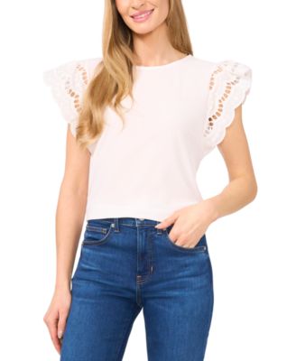 CeCe - Women's Ruffled Eyelet-Sleeve Crewneck Top