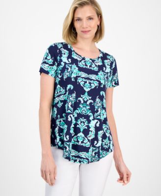 JM Collection - Petite Sumatra Scrolls Short-Sleeve Top