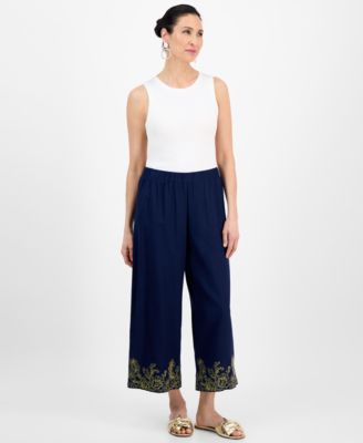 JM Collection - Women's High-Rise Pull-On Embroidered-Hem Pants