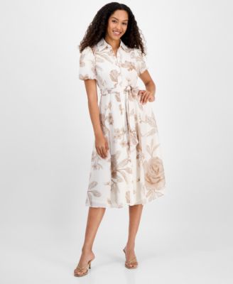 Sandra Darren - Petite Printed Puff-Sleeve Shirtdress