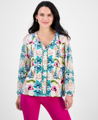 JM Collection - Petite Bali Escape Printed Blouson-Sleeve Blouse, Exclusively at Macy's