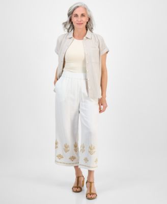 Style & Co - Petite Cotton Embroidered Pull-On Pants