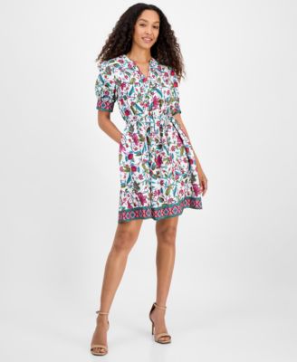 julia jordan - Women's Printed Tie-Neck Short-Puff-Sleeve Dresss